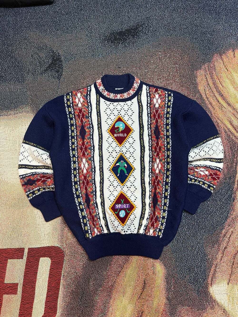 Vintage 90s Sports Knit Crewneck Sweater with Embroidered Diamond Patches